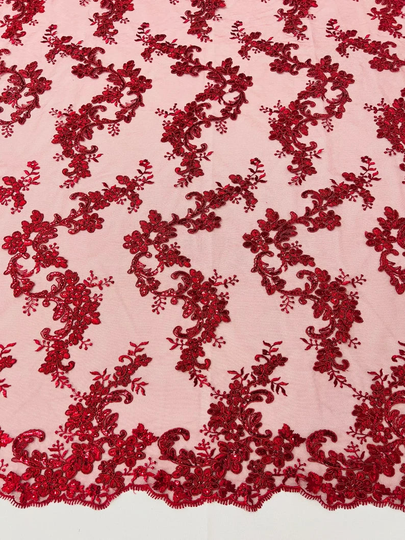 Flower Cluster Lace Sequins Fabric - Burgundy - Embroidery Floral Design Lace Fabric By Yard