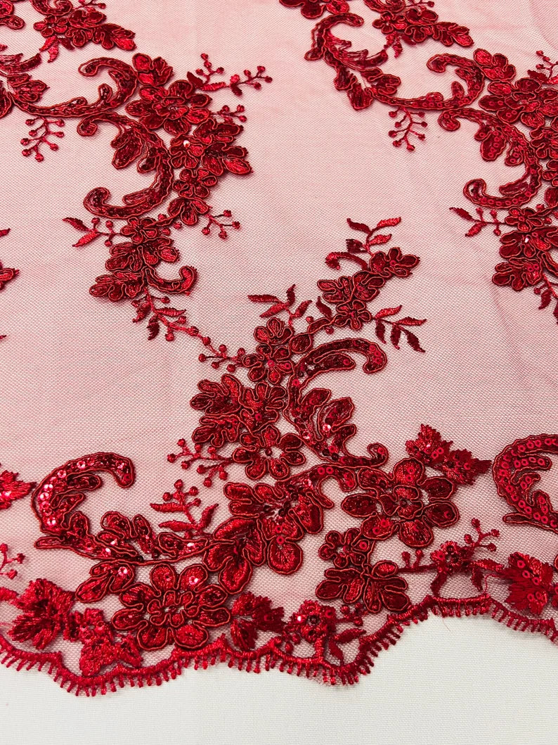 Flower Cluster Lace Sequins Fabric - Burgundy - Embroidery Floral Design Lace Fabric By Yard