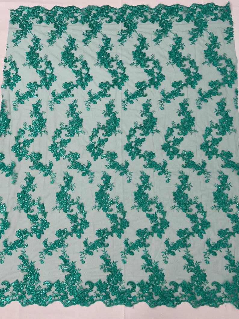 Flower Cluster Lace Sequins Fabric - Jade - Embroidery Floral Design Lace Fabric By Yard