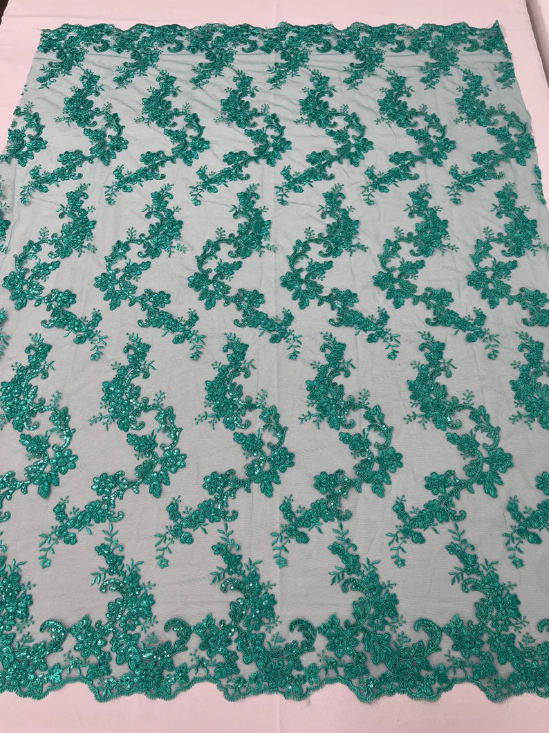 Flower Cluster Lace Sequins Fabric - Jade - Embroidery Floral Design Lace Fabric By Yard