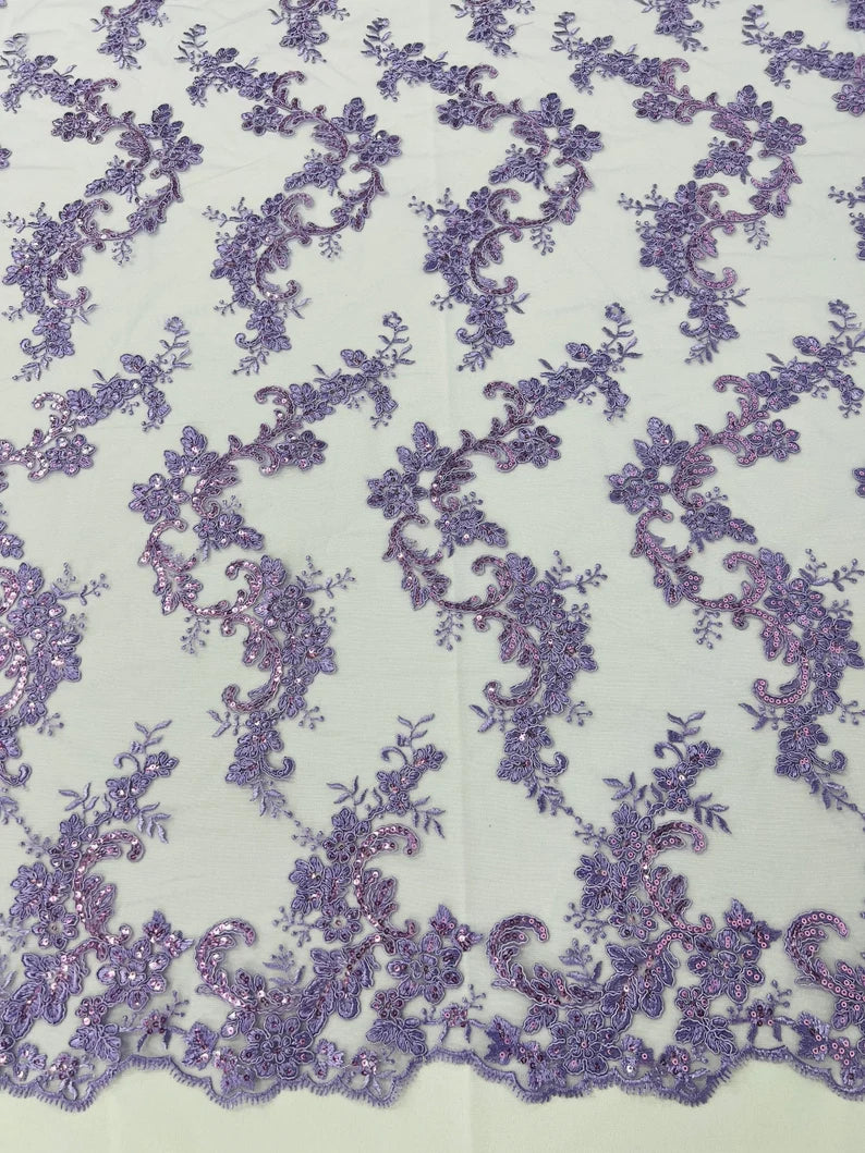 Flower Cluster Lace Sequins Fabric - Lilac - Embroidery Floral Design Lace Fabric By Yard