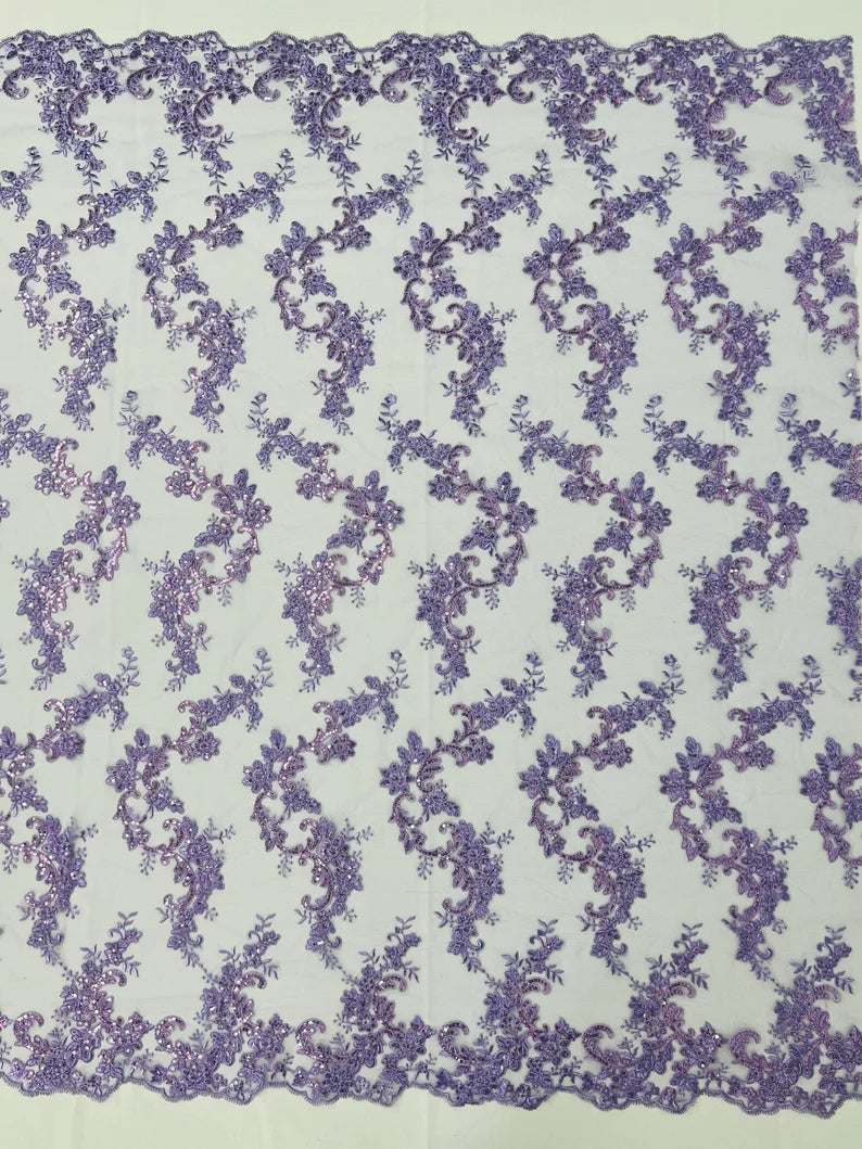 Flower Cluster Lace Sequins Fabric - Lilac - Embroidery Floral Design Lace Fabric By Yard