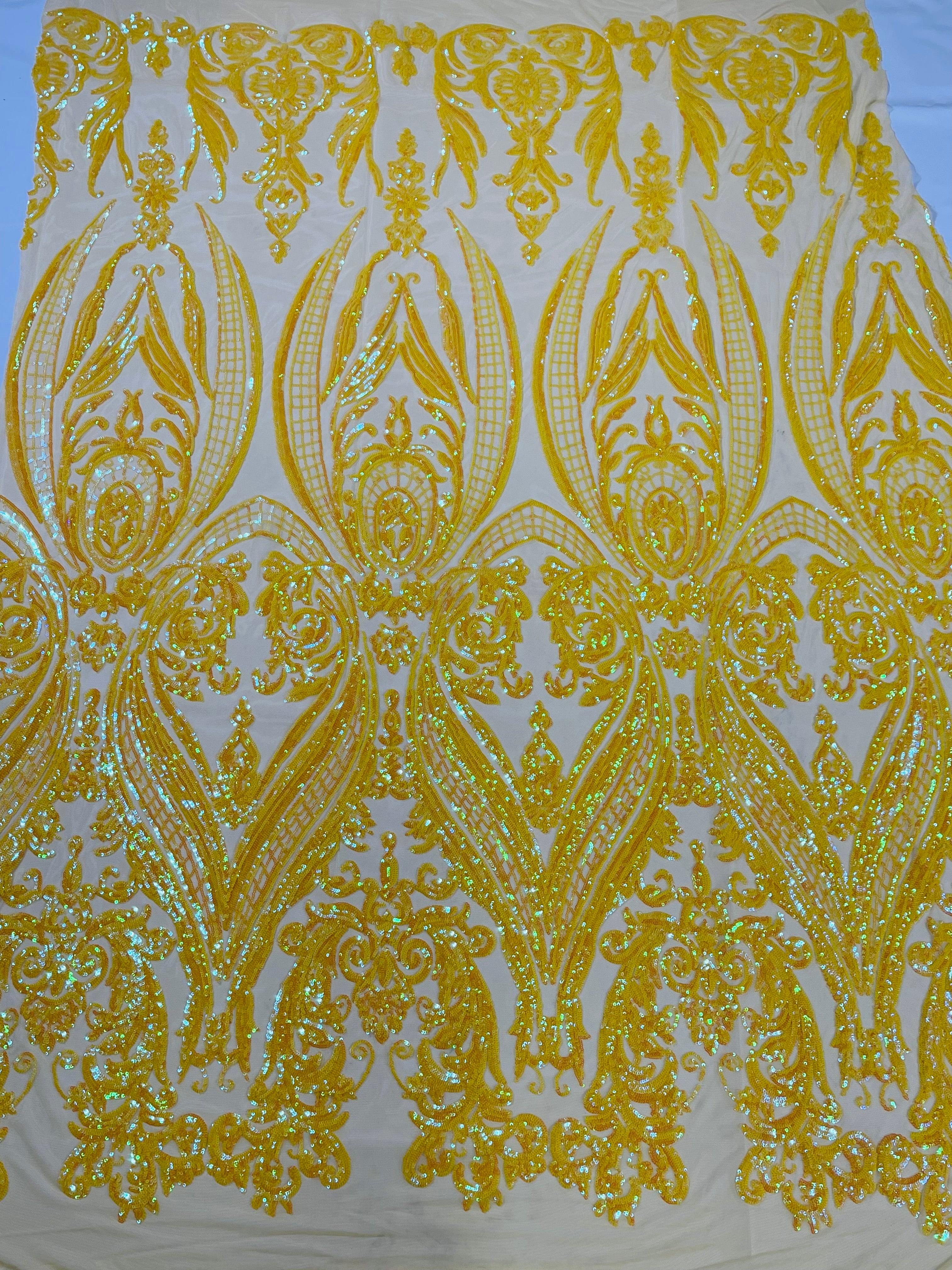 Big Damask 4 Way Sequins - Aqua Iridescent on White - Embroidered Damask Design Sequins Fabric Sold By Yard