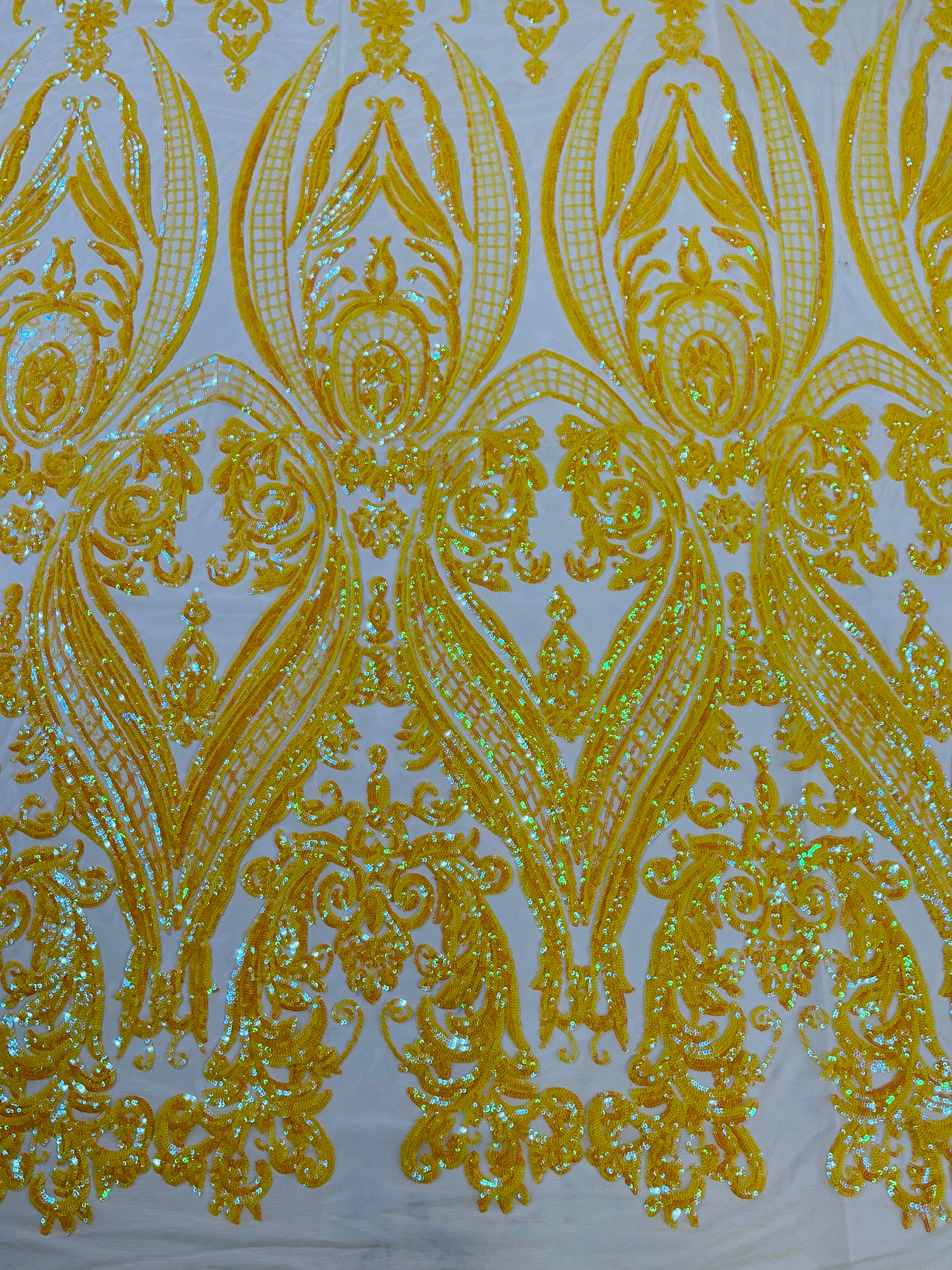 Big Damask 4 Way Sequins - Aqua Iridescent on White - Embroidered Damask Design Sequins Fabric Sold By Yard