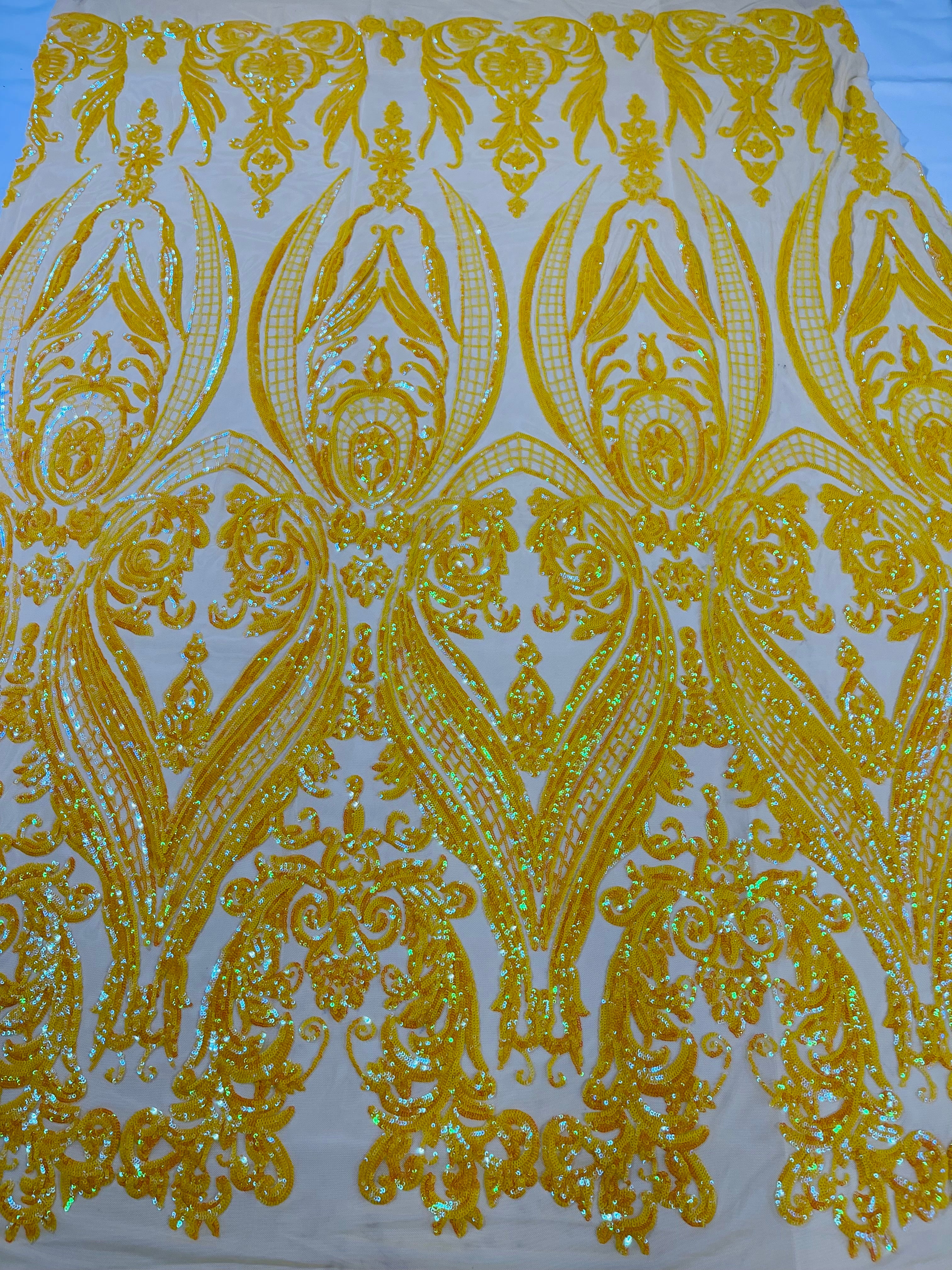 Big Damask 4 Way Sequins - Aqua Iridescent on White - Embroidered Damask Design Sequins Fabric Sold By Yard