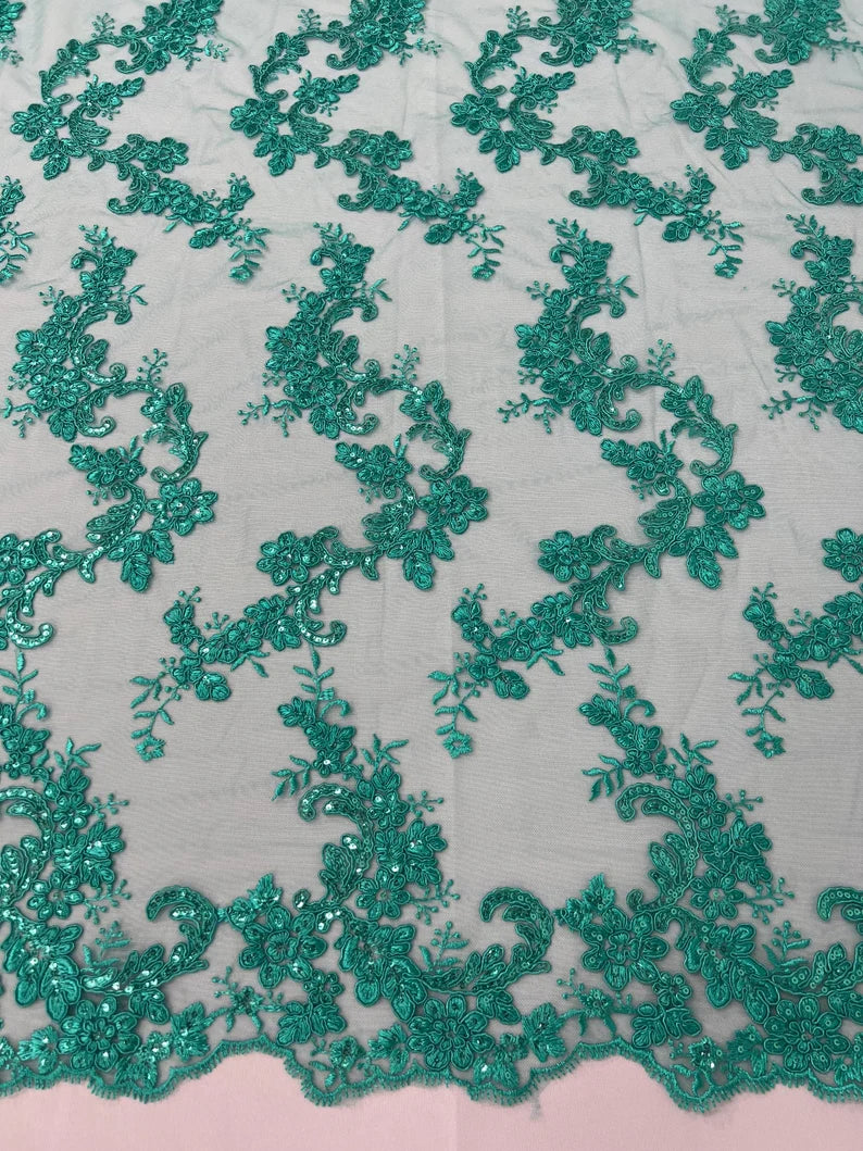 Flower Cluster Lace Sequins Fabric - Jade - Embroidery Floral Design Lace Fabric By Yard