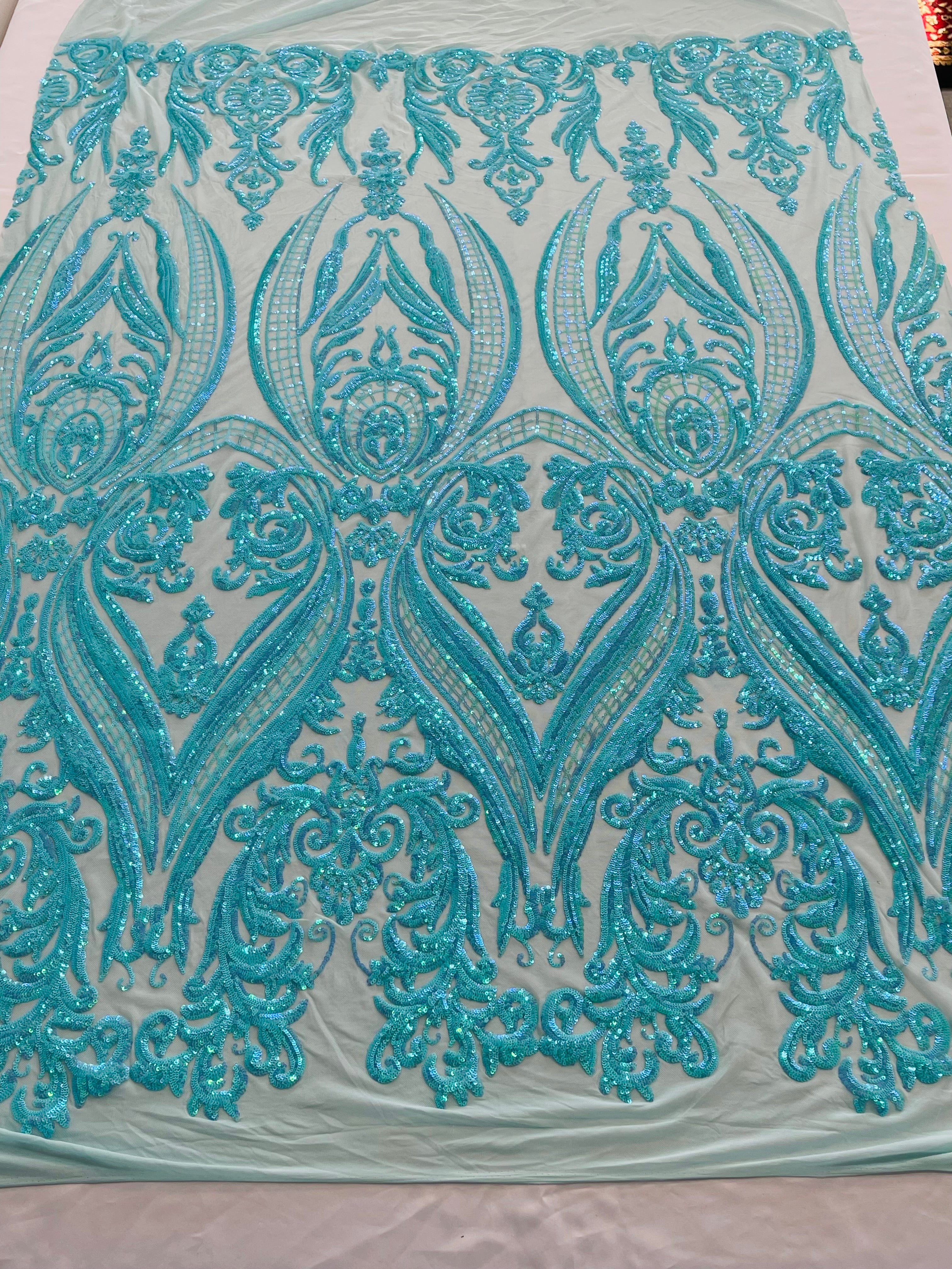 Big Damask 4 Way Sequins - Aqua Iridescent on White - Embroidered Damask Design Sequins Fabric Sold By Yard