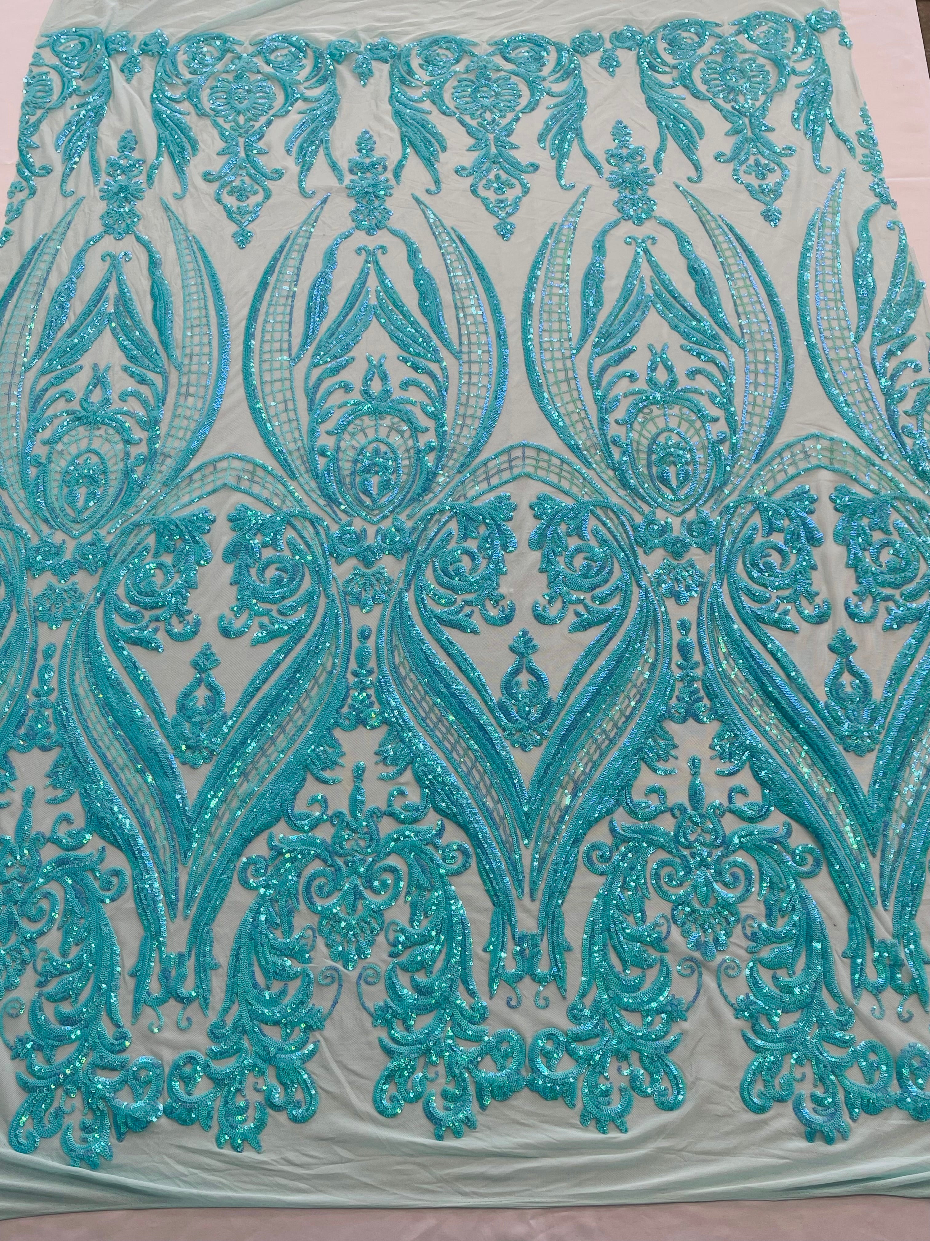 Big Damask 4 Way Sequins - Aqua Iridescent on White - Embroidered Damask Design Sequins Fabric Sold By Yard