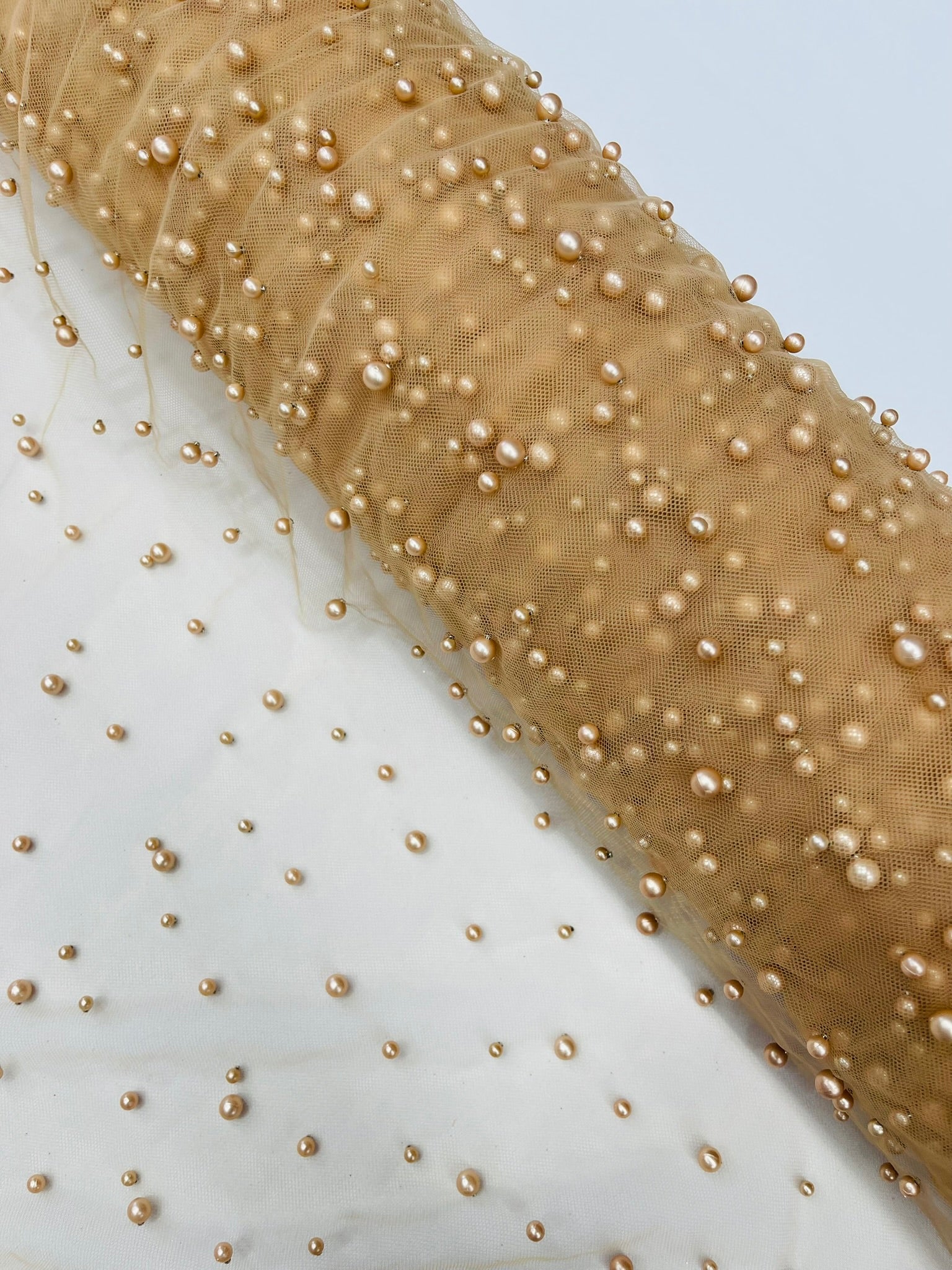 Scattered Pearls Studded Mesh, 2-Way Stretch, Sold by the yard.