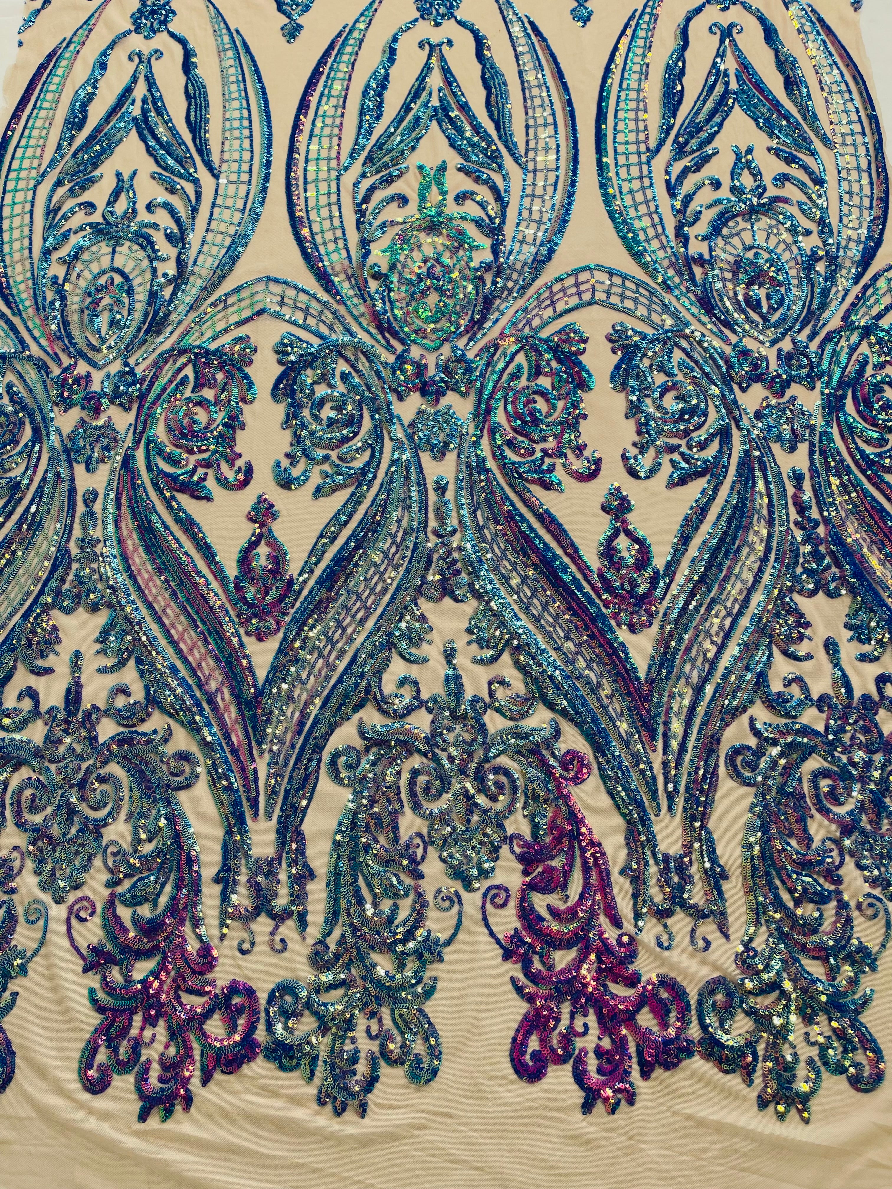 Big Damask 4 Way Sequins - Aqua Iridescent on White - Embroidered Damask Design Sequins Fabric Sold By Yard