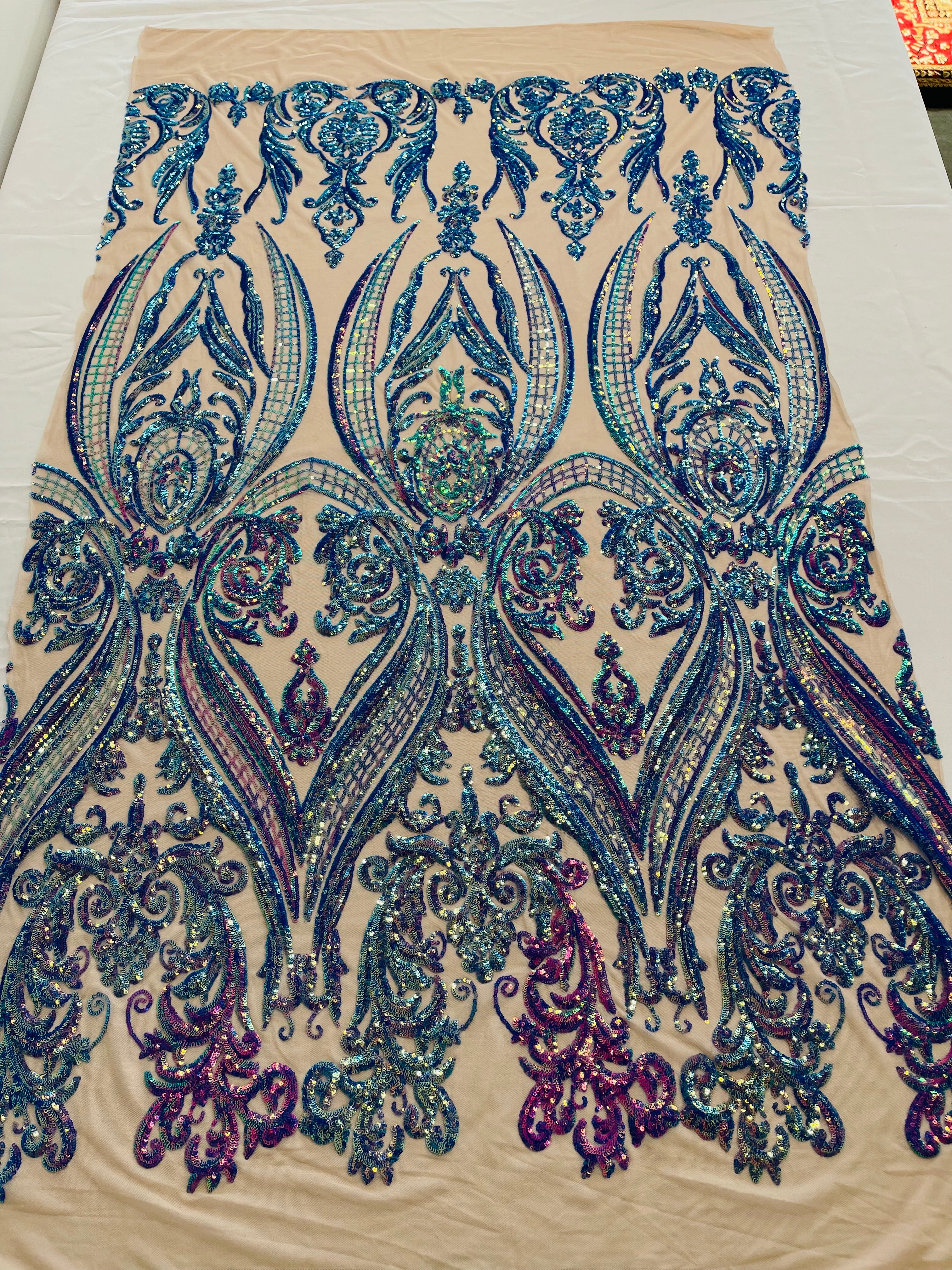 Big Damask 4 Way Sequins - Aqua Iridescent on White - Embroidered Damask Design Sequins Fabric Sold By Yard