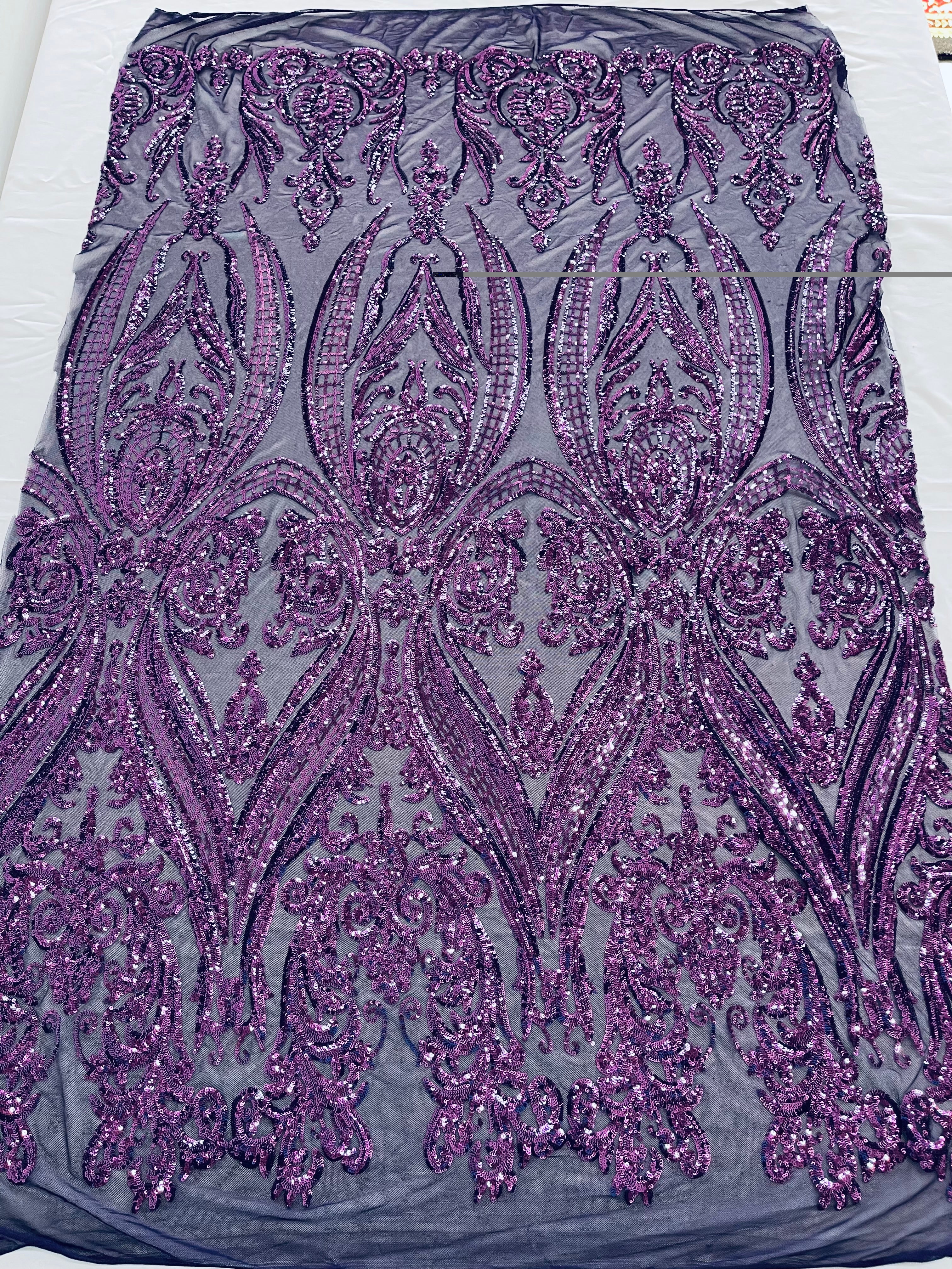 Big Damask 4 Way Sequins - Aqua Iridescent on White - Embroidered Damask Design Sequins Fabric Sold By Yard