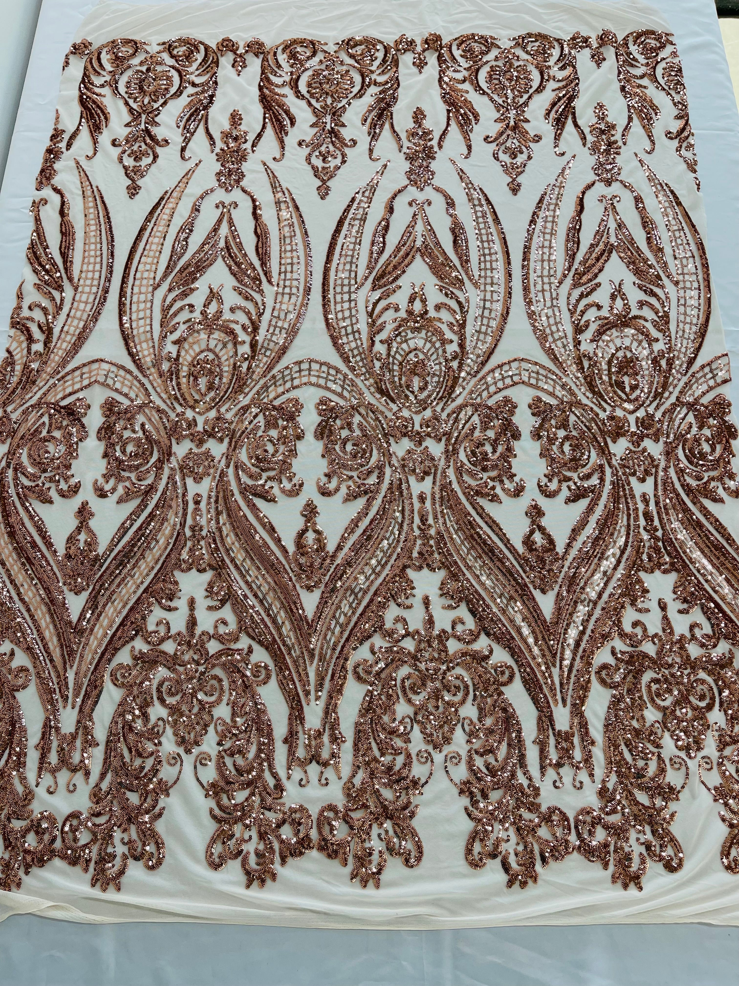 Big Damask 4 Way Sequins - Aqua Iridescent on White - Embroidered Damask Design Sequins Fabric Sold By Yard