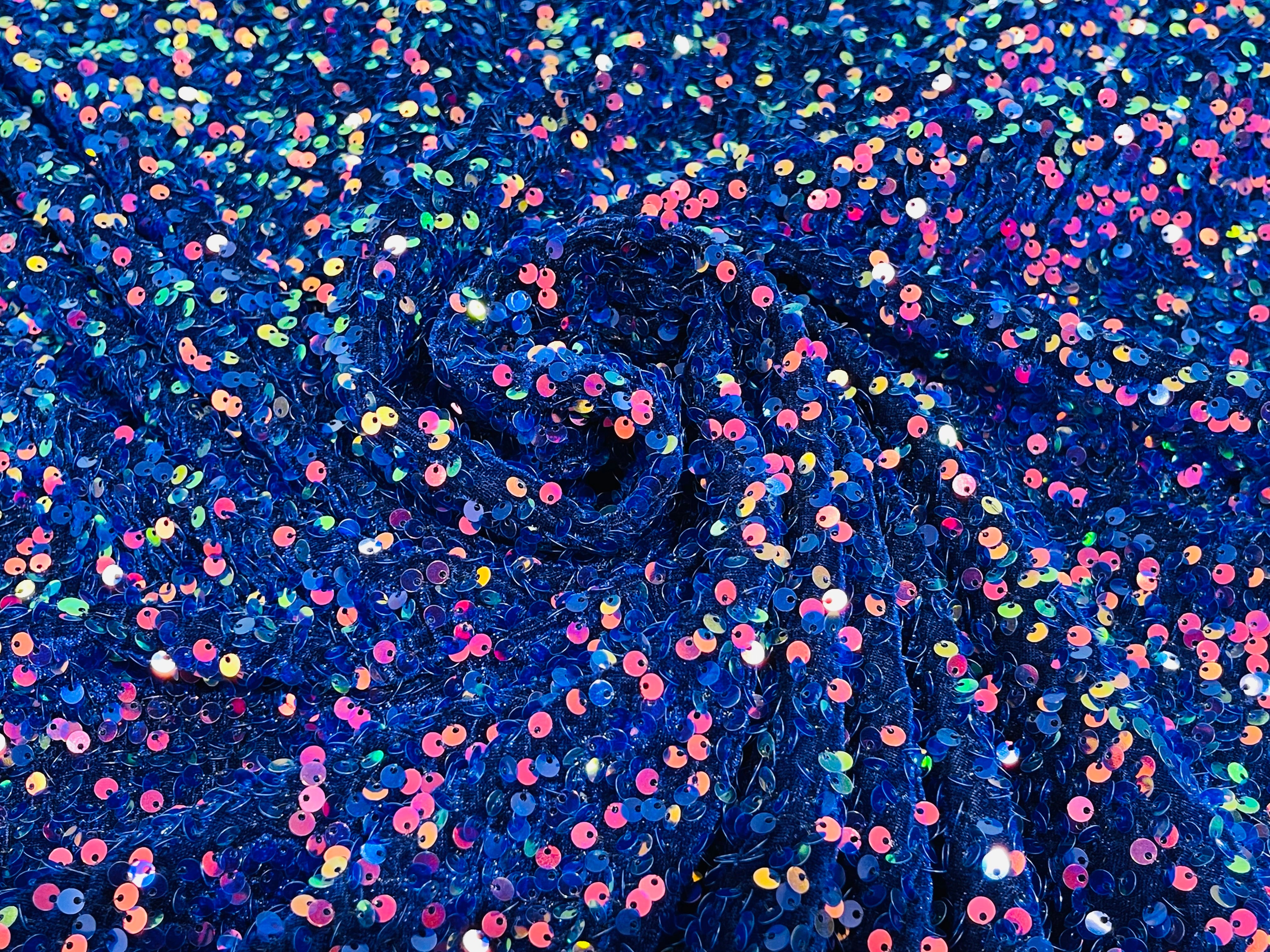 Royal Rainbow on Royal Sequin Velvet Stretch 5mm fabric 58"Wide-Prom-Nightgown fabric- Sold by the yard.