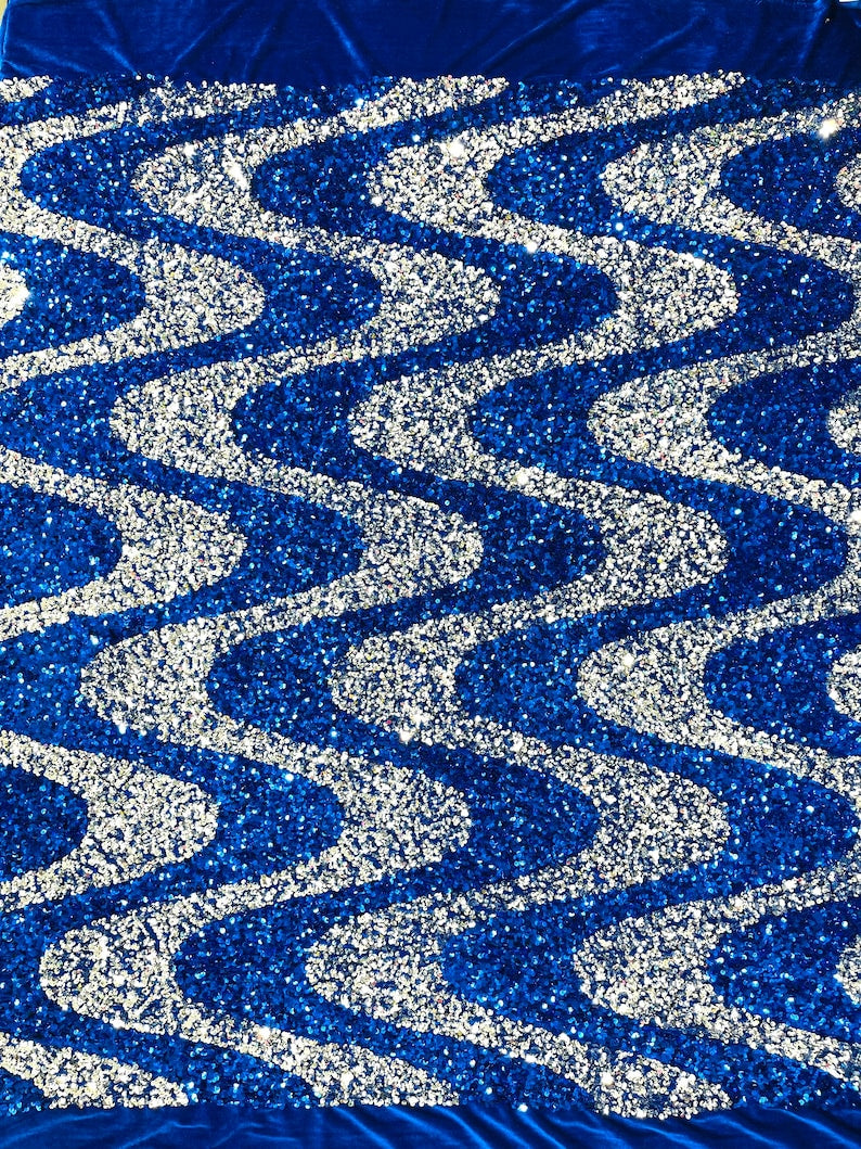 Silver-Royal Blue Sequin Wave stretch velvet all over 5mm shining sequins 2-way stretch, sold by the yard
