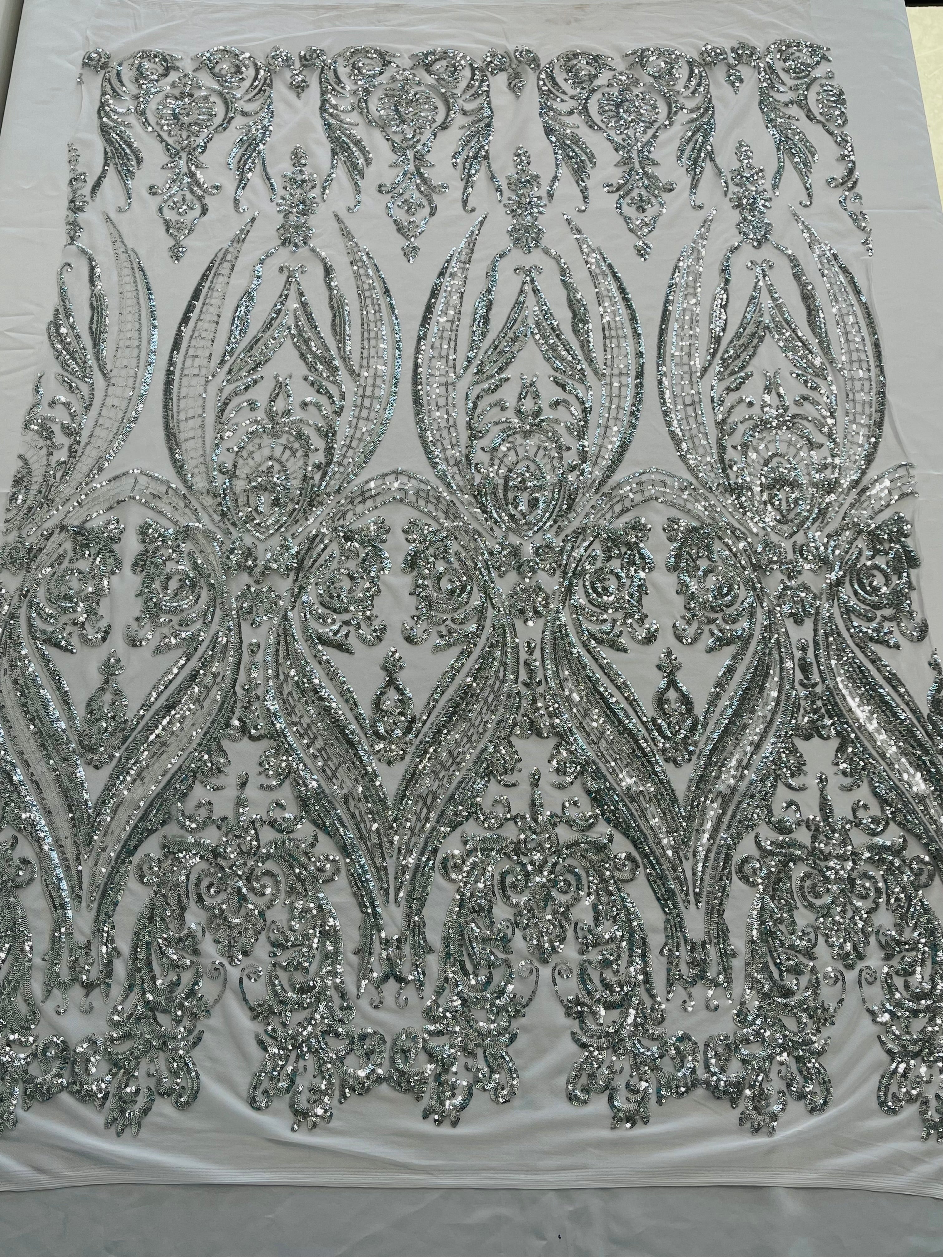 Big Damask 4 Way Sequins - Aqua Iridescent on White - Embroidered Damask Design Sequins Fabric Sold By Yard