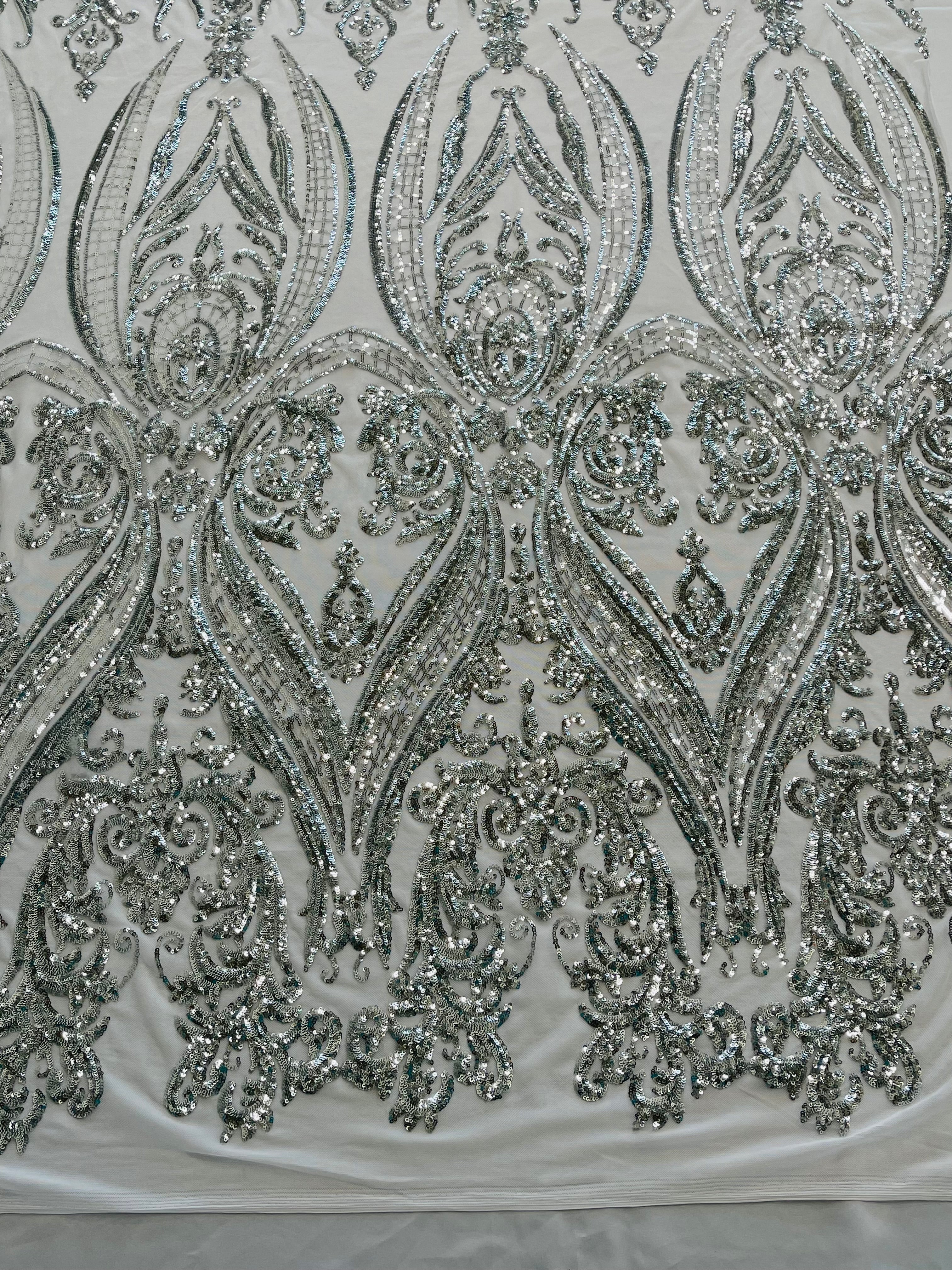 Big Damask 4 Way Sequins - Aqua Iridescent on White - Embroidered Damask Design Sequins Fabric Sold By Yard