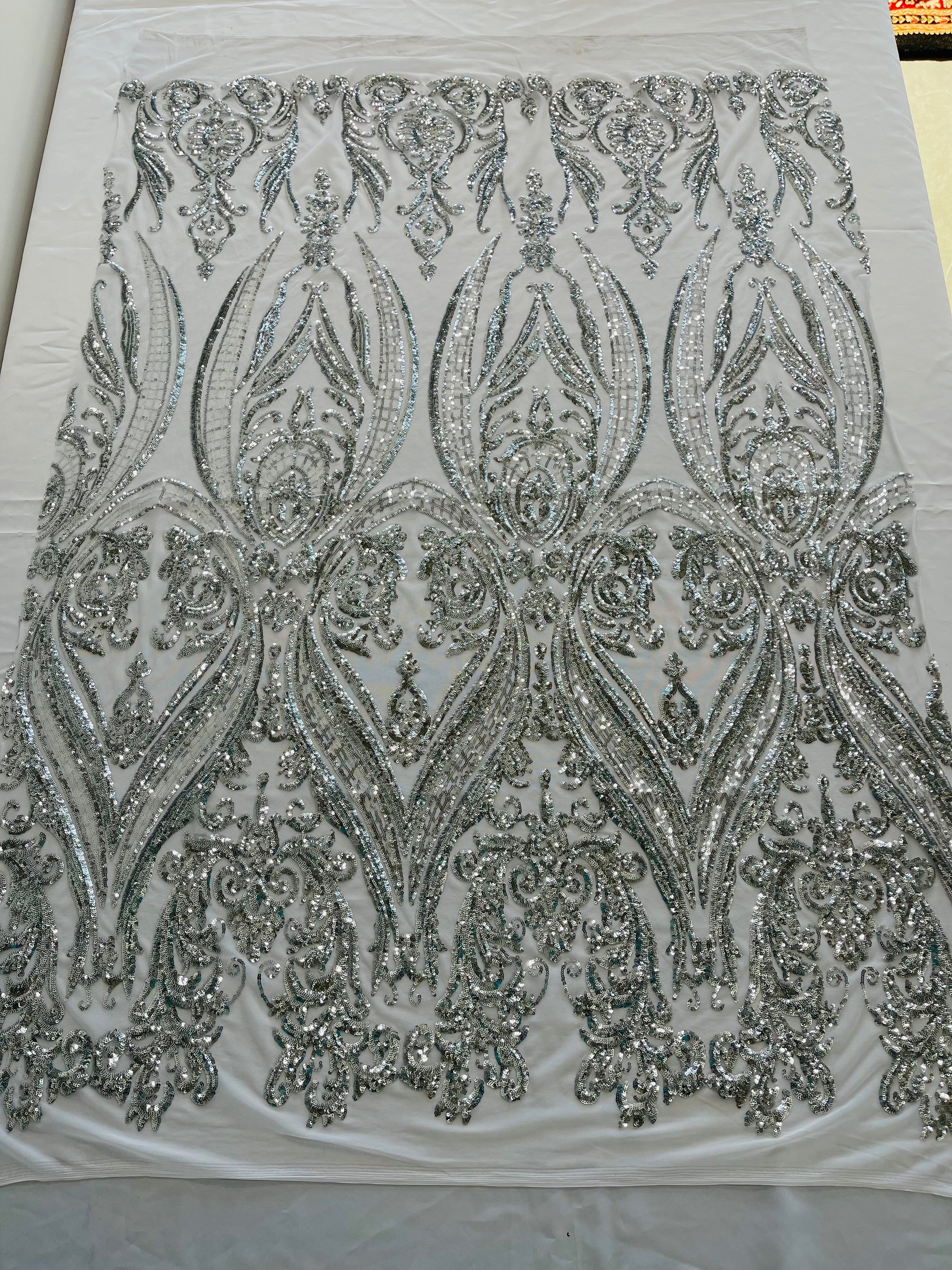 Big Damask 4 Way Sequins - Aqua Iridescent on White - Embroidered Damask Design Sequins Fabric Sold By Yard