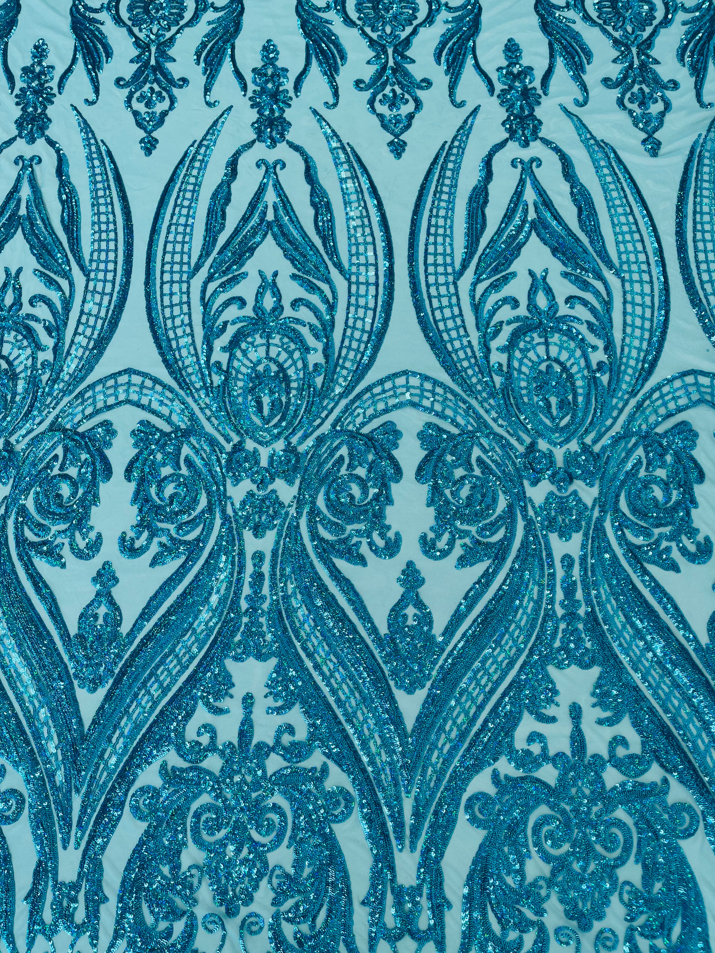 Big Damask 4 Way Sequins - Aqua Iridescent on White - Embroidered Damask Design Sequins Fabric Sold By Yard