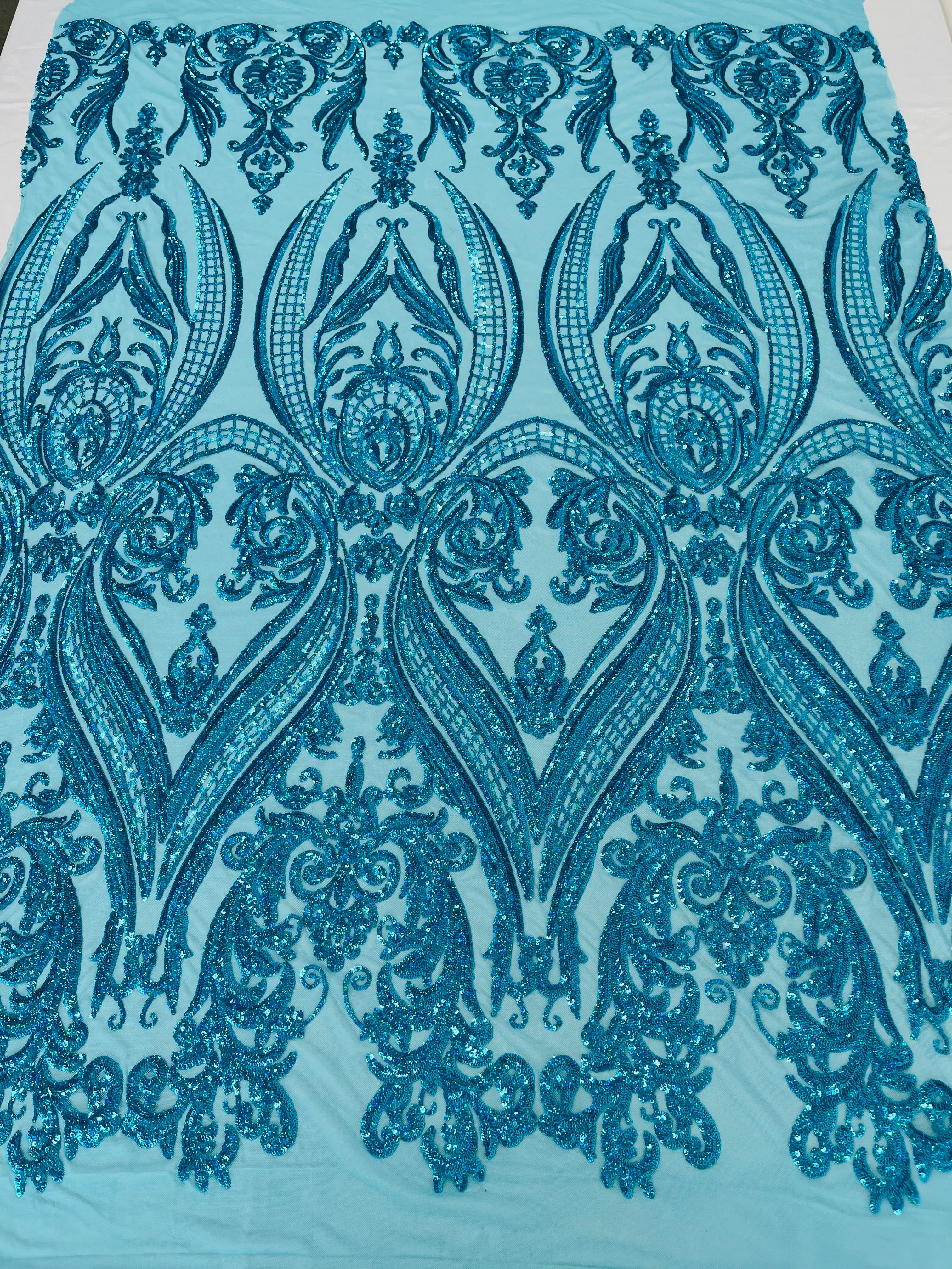 Big Damask 4 Way Sequins - Aqua Iridescent on White - Embroidered Damask Design Sequins Fabric Sold By Yard